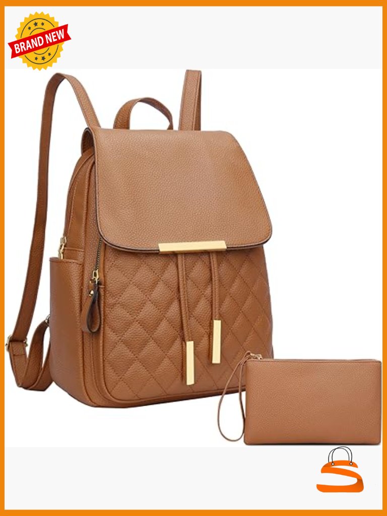 Quilted Faux Leather Backpack Purse With Wristlet - Women's Fashion Daypack